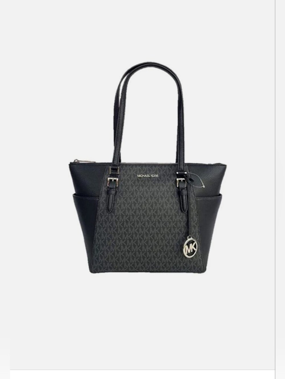 Michael Kors Charlotte Black MK Logo Tote with Gold Charm